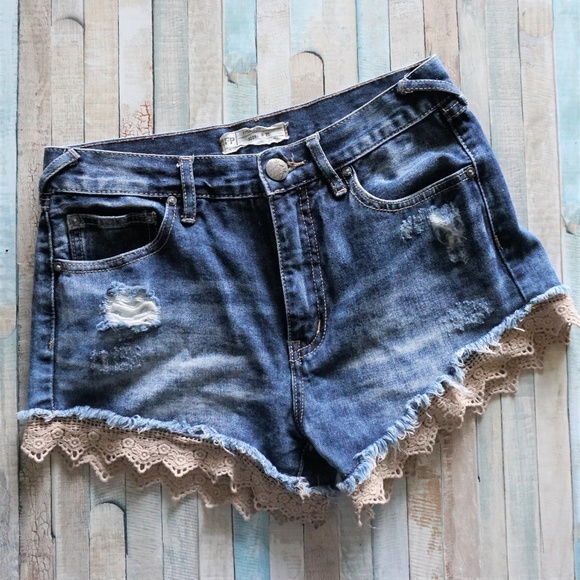 Free People Pants - Free People Distressed Lace Blue Denim Shorts 25
